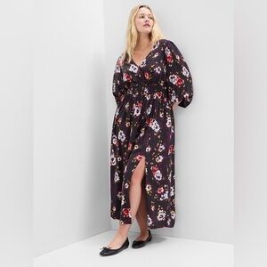 GAP Factory Black Floral Maxi Dress with Cinched Waist, Leg Slit, and Pockets